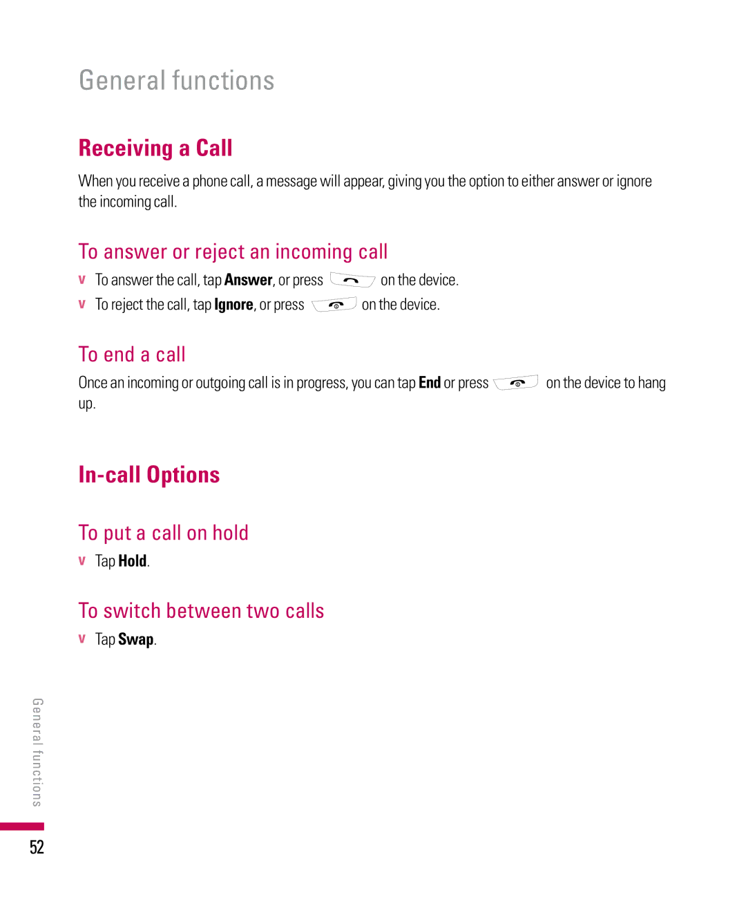 LG Electronics PDA manual Receiving a Call, In-call Options 