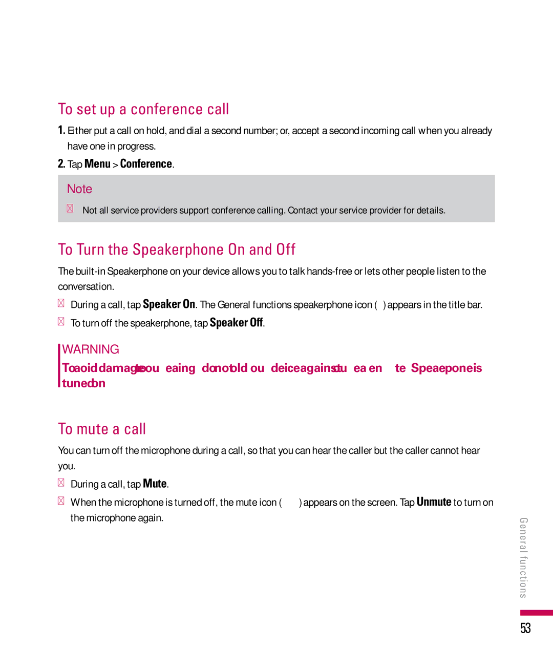 LG Electronics PDA To set up a conference call, To Turn the Speakerphone On and Off, To mute a call, Tap Menu Conference 