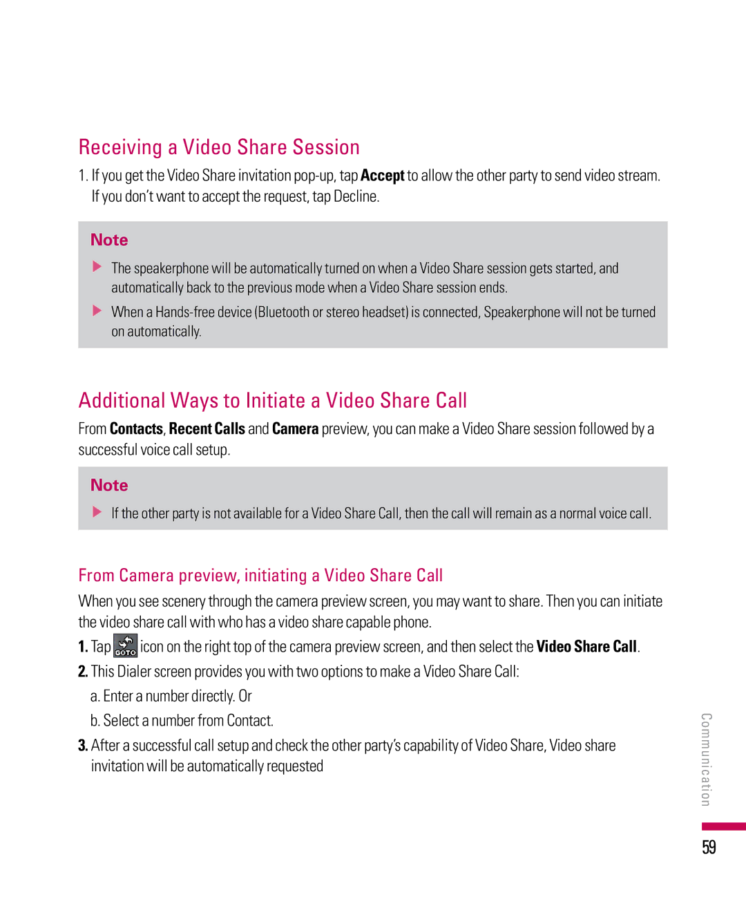 LG Electronics PDA manual Receiving a Video Share Session, Additional Ways to Initiate a Video Share Call 