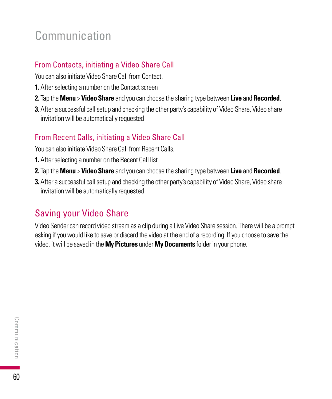 LG Electronics PDA manual Saving your Video Share, From Contacts, initiating a Video Share Call 