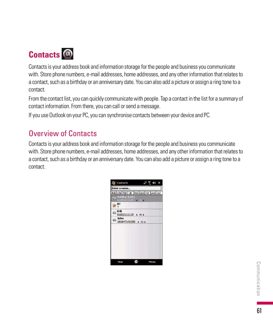 LG Electronics PDA manual Overview of Contacts 