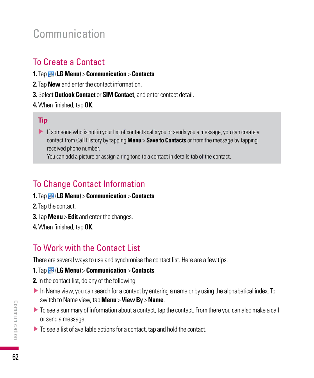 LG Electronics PDA manual To Create a Contact, To Change Contact Information, To Work with the Contact List 