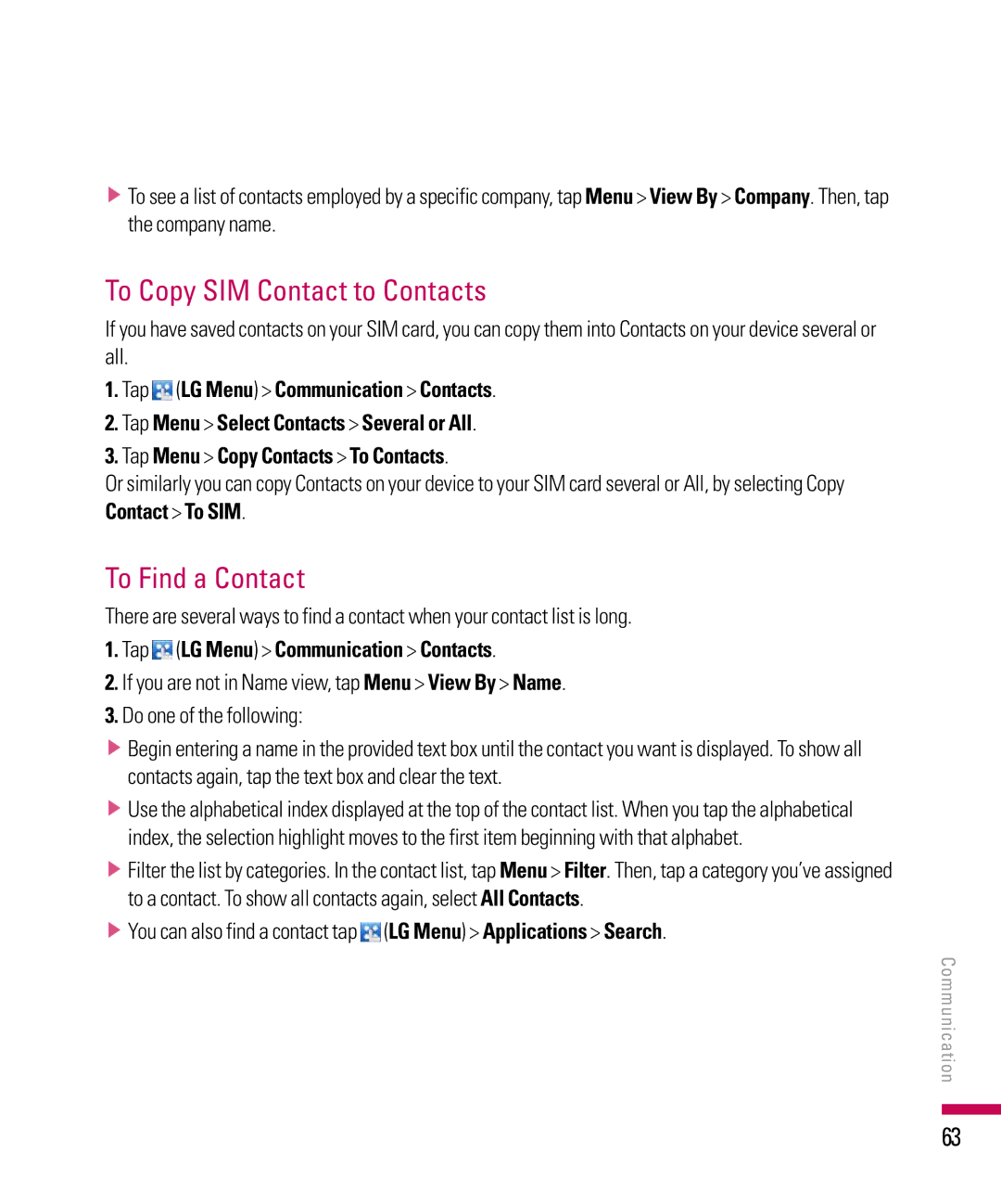 LG Electronics PDA manual To Copy SIM Contact to Contacts, To Find a Contact 