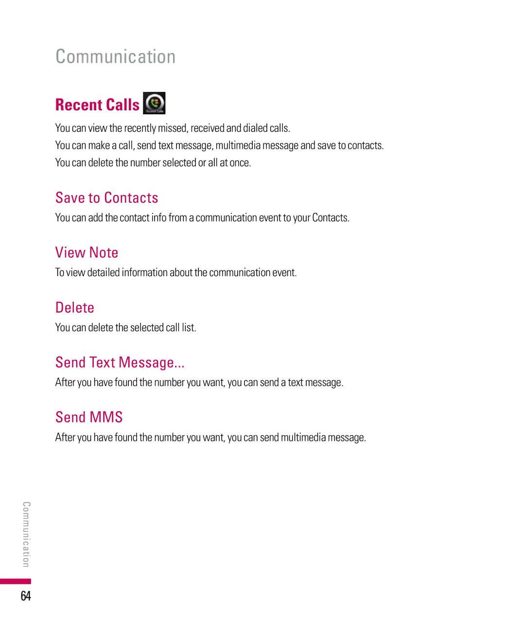 LG Electronics PDA manual Recent Calls 