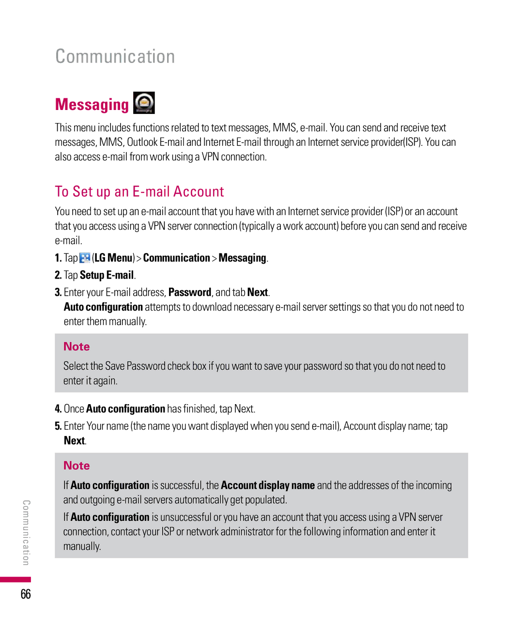 LG Electronics PDA manual To Set up an E-mail Account, Tap LG Menu Communication Messaging Tap Setup E-mail 