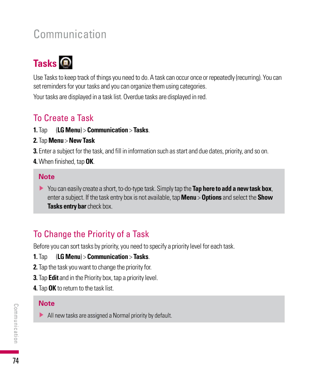 LG Electronics PDA manual To Create a Task, To Change the Priority of a Task, Tap LG Menu Communication Tasks 