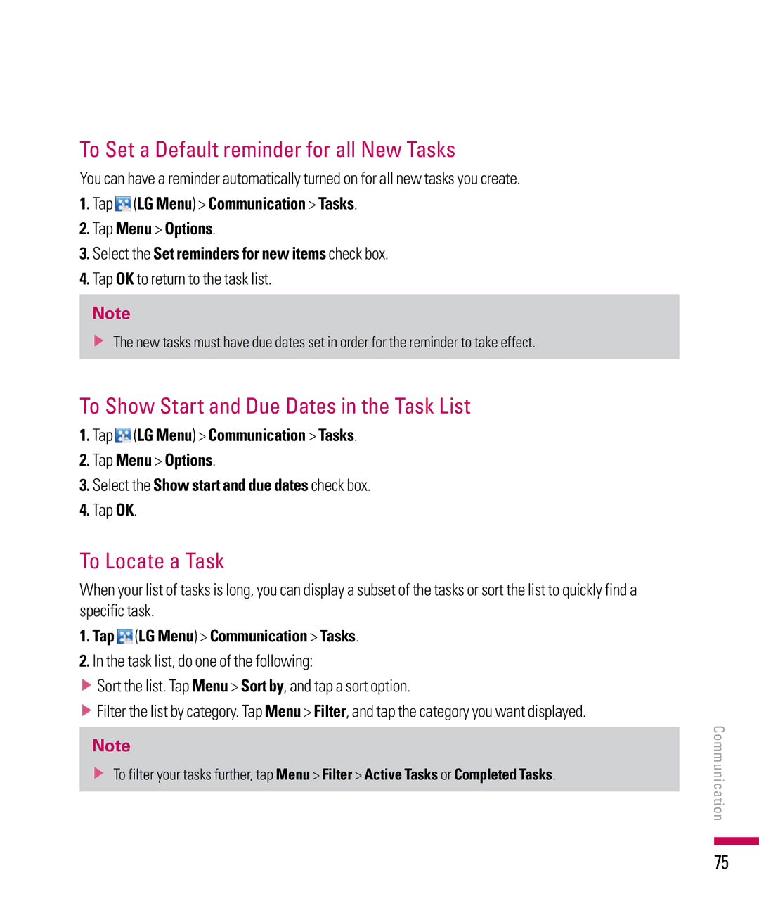 LG Electronics PDA manual To Set a Default reminder for all New Tasks, To Show Start and Due Dates in the Task List 