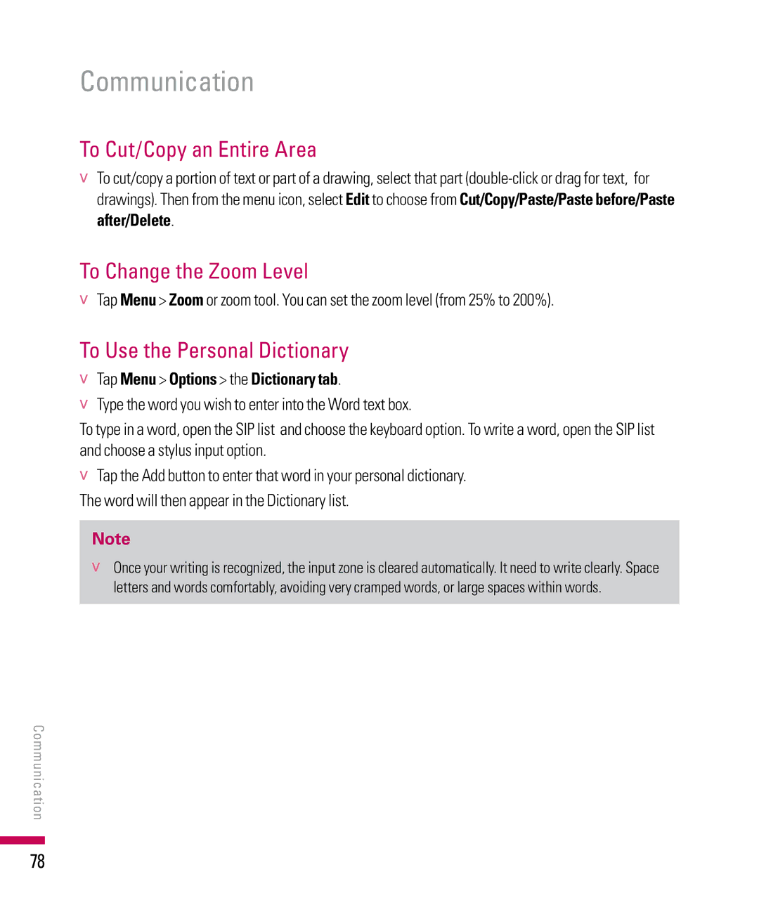 LG Electronics PDA manual To Cut/Copy an Entire Area, To Change the Zoom Level, To Use the Personal Dictionary 