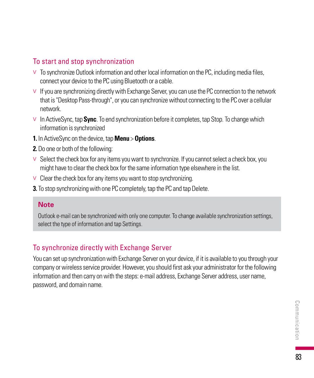 LG Electronics PDA manual To start and stop synchronization, To synchronize directly with Exchange Server 