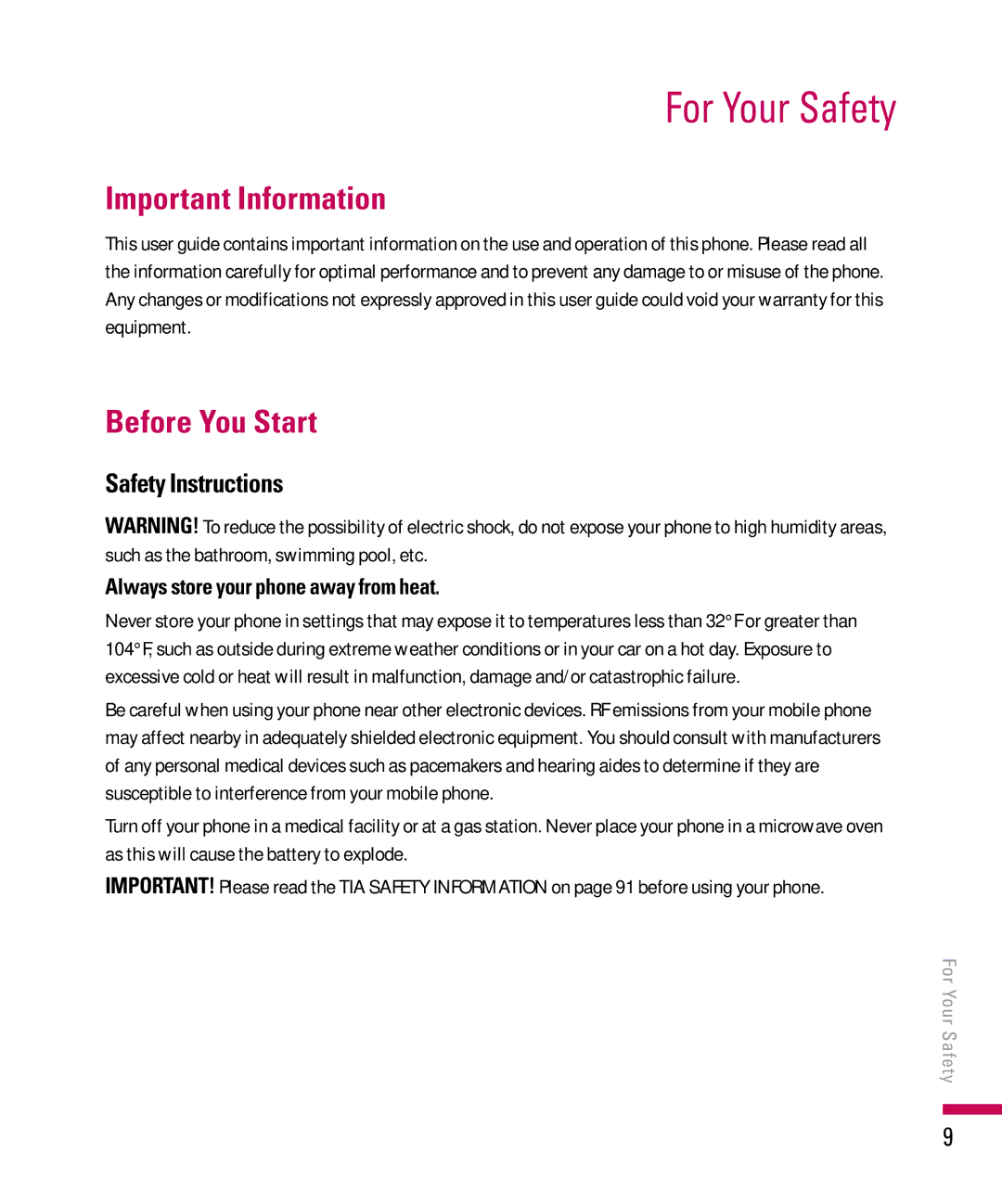 LG Electronics PDA manual For Your Safety, Important Information, Before You Start, Always store your phone away from heat 