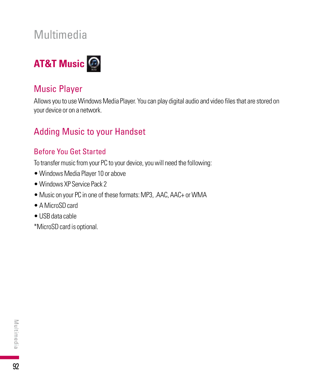 LG Electronics PDA manual AT&T Music, Music Player, Adding Music to your Handset, Before You Get Started 