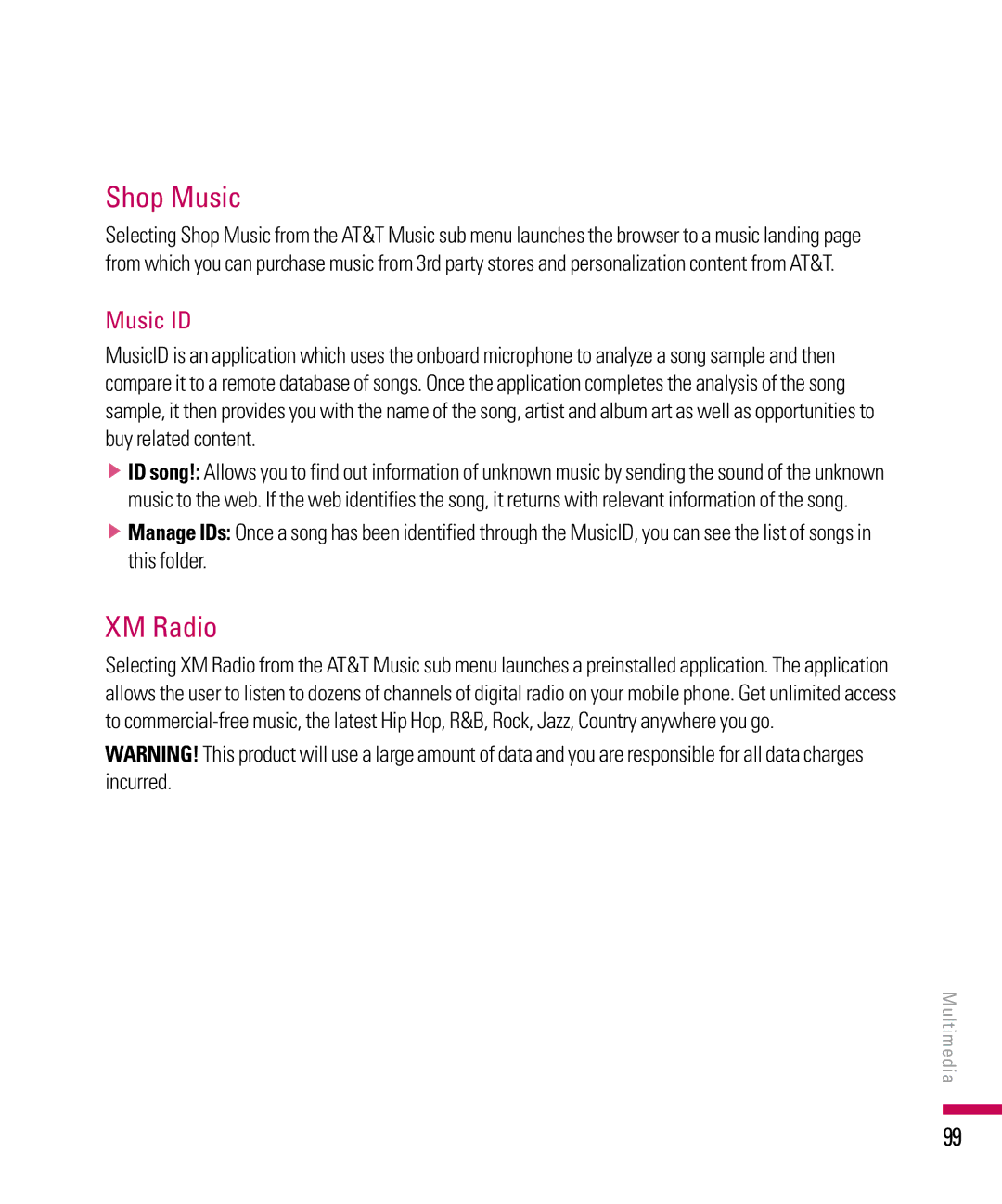 LG Electronics PDA manual XM Radio, Music ID 