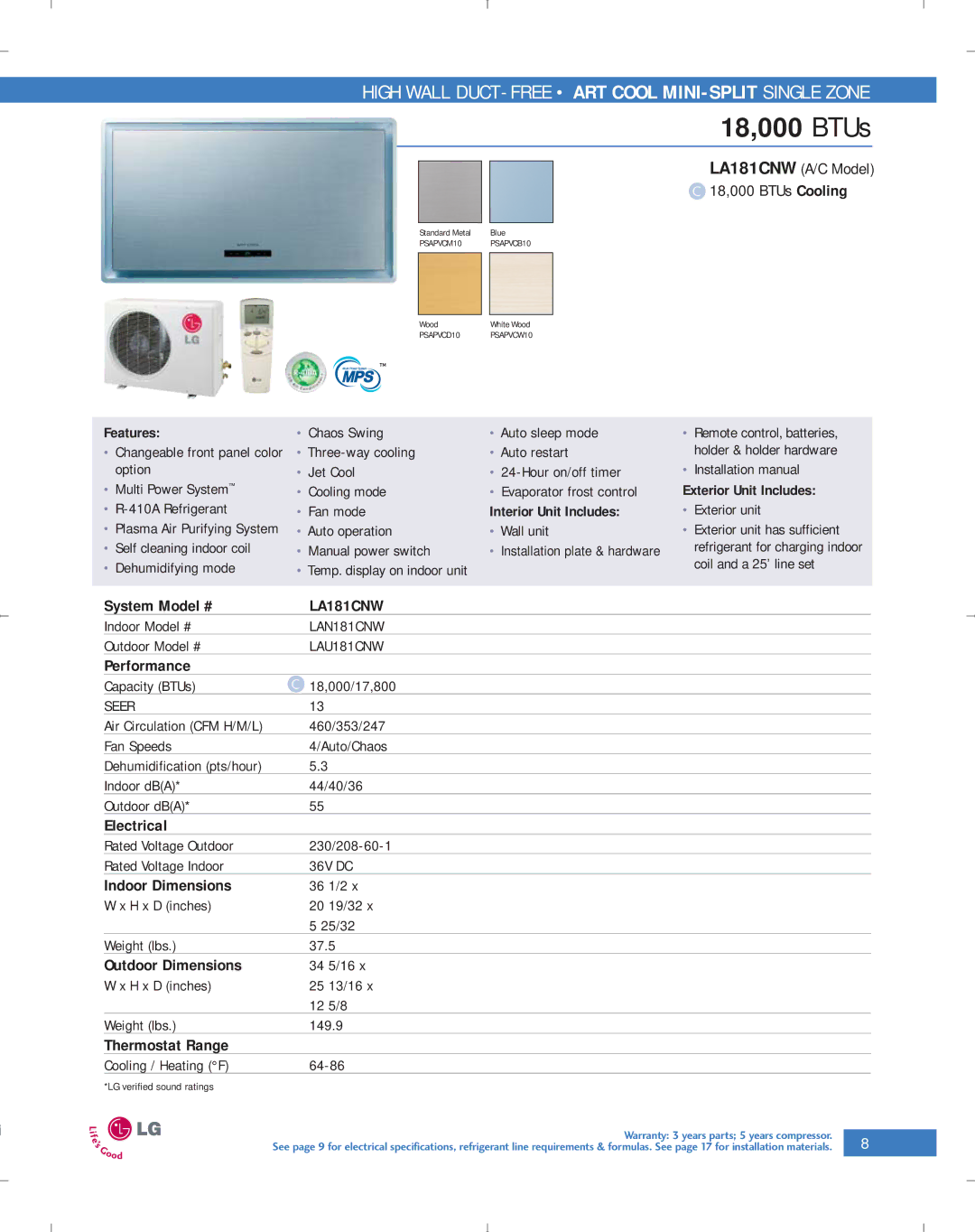 LG Electronics PG-100-2006-VER3 manual 18,000 BTUs, LA181CNW, LAN181CNW, LAU181CNW 