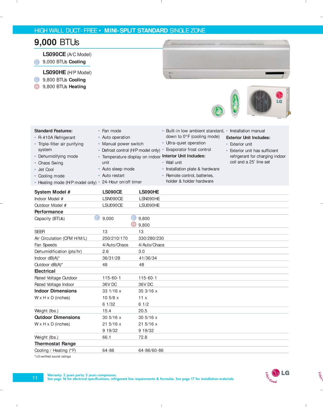 LG Electronics PG-100-2006-VER3 manual LS090CE LS090HE, Standard Features, LSN090CE LSN090HE, LSU090CE LSU090HE 