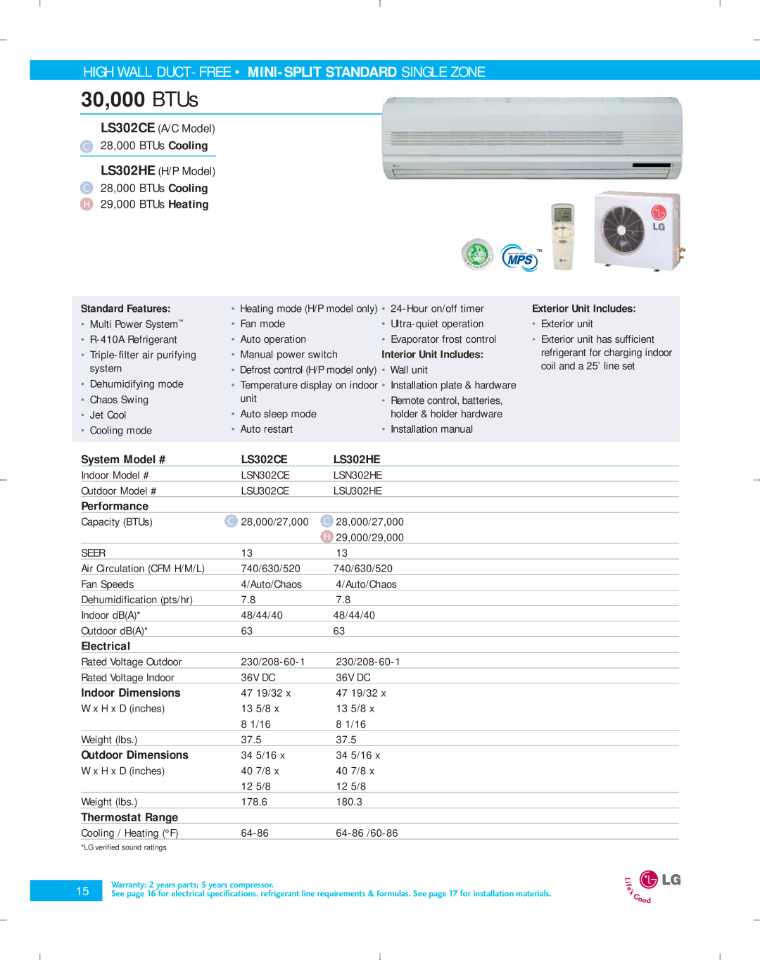 LG Electronics PG-100-2006-VER3 manual 30,000 BTUs, LS302CE LS302HE, LSN302CE LSN302HE, LSU302CE LSU302HE 