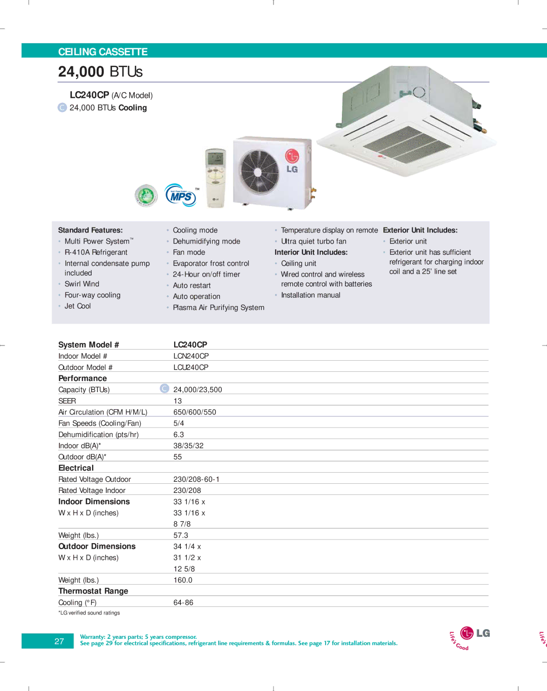 LG Electronics PG-100-2006-VER3 manual LC240CP, LCN240CP, LCU240CP 