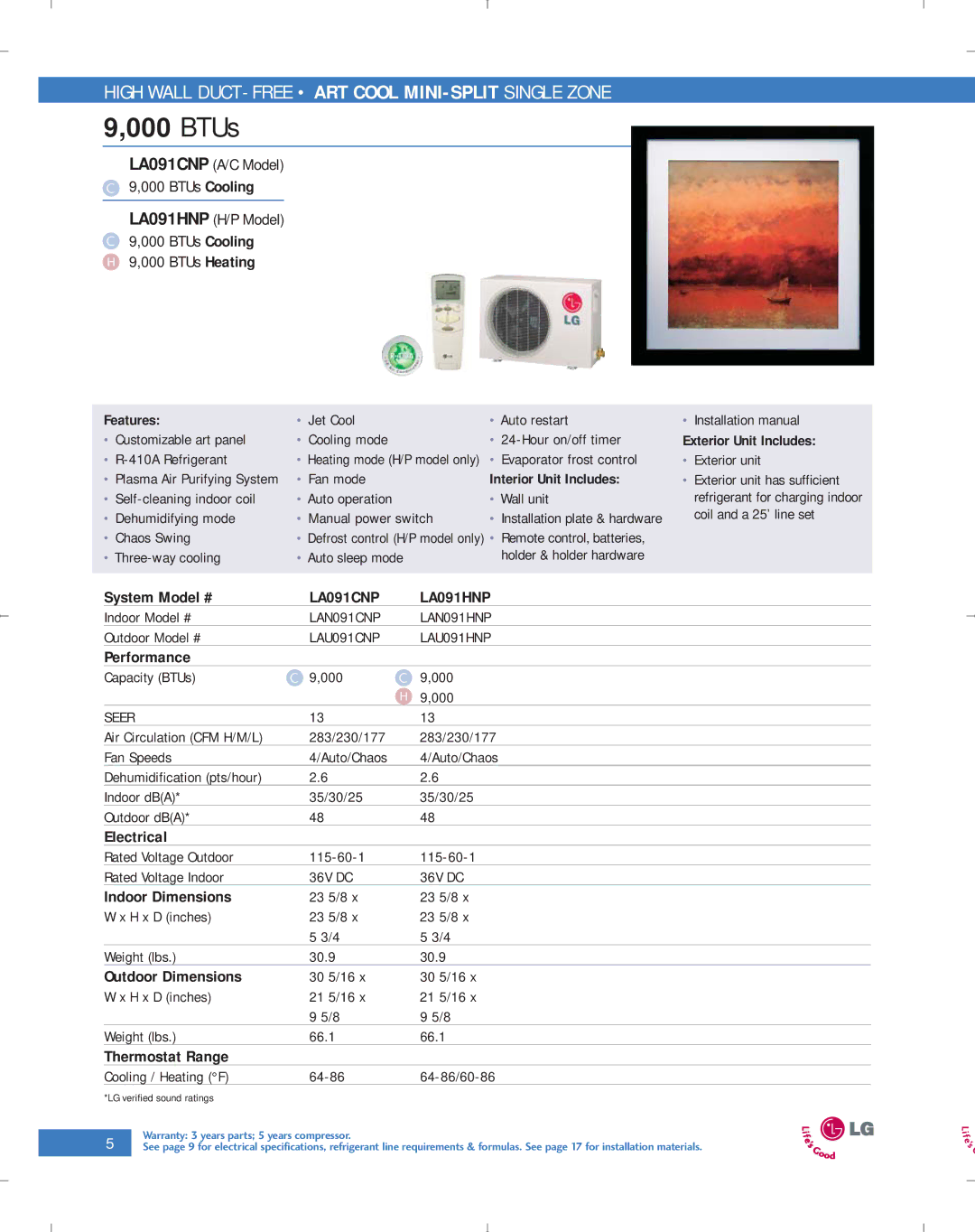 LG Electronics PG-100-2006-VER3 manual BTUs, LA091CNP LA091HNP 