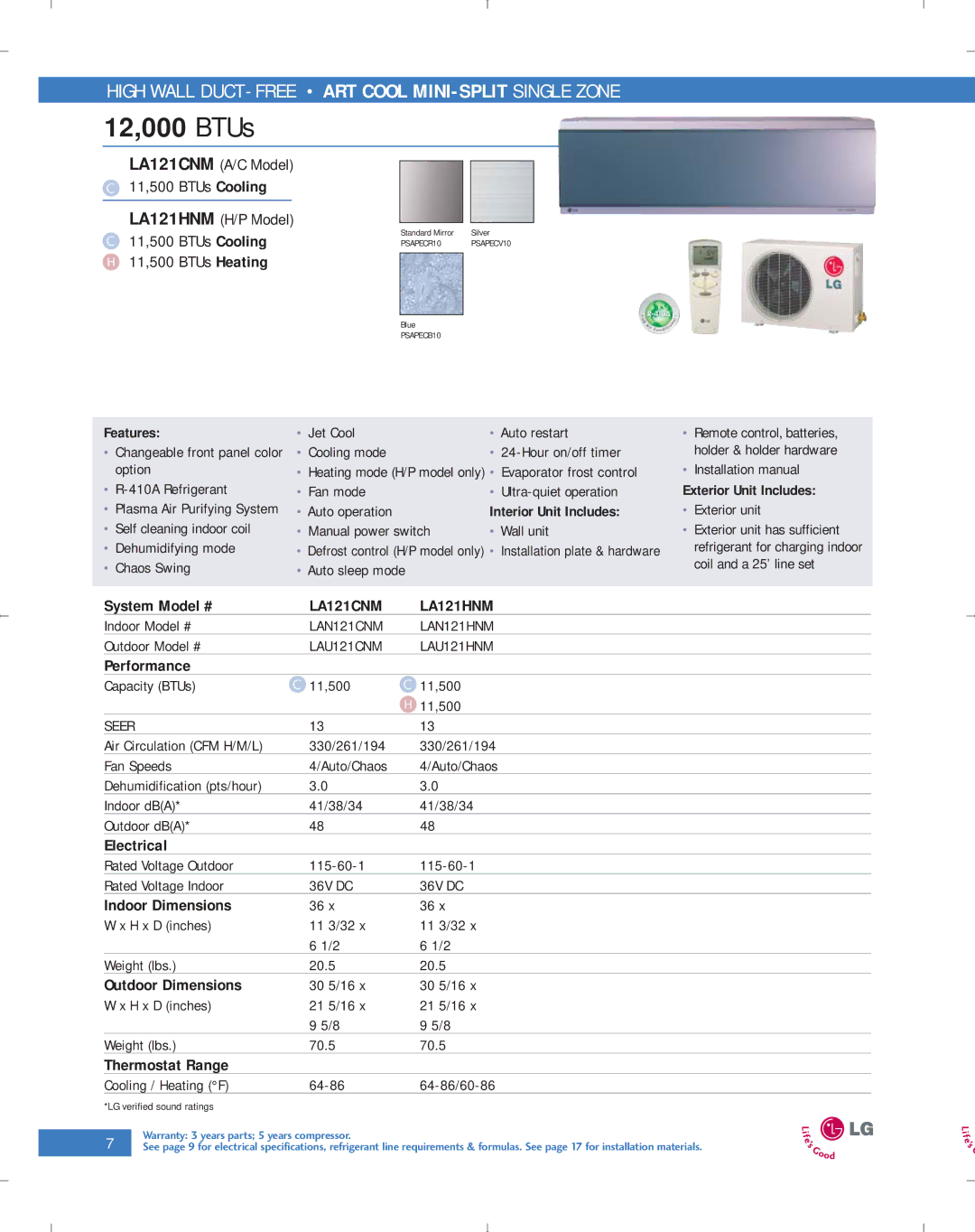 LG Electronics PG-100-2006-VER3 manual LA121CNM LA121HNM, LAN121CNM LAN121HNM, LAU121CNM LAU121HNM 