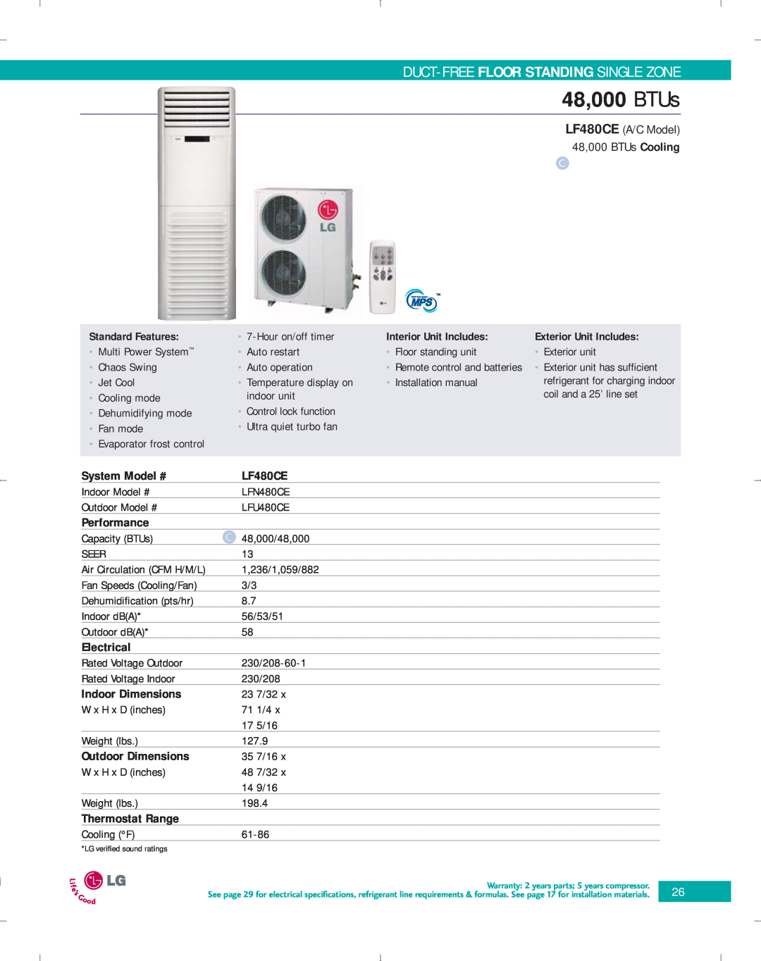 LG Electronics PG-100-2006-VER3 48,000 BTUs, LF480CE, Duct-Free Floor Standing Single Zone, System Model #, Performance 
