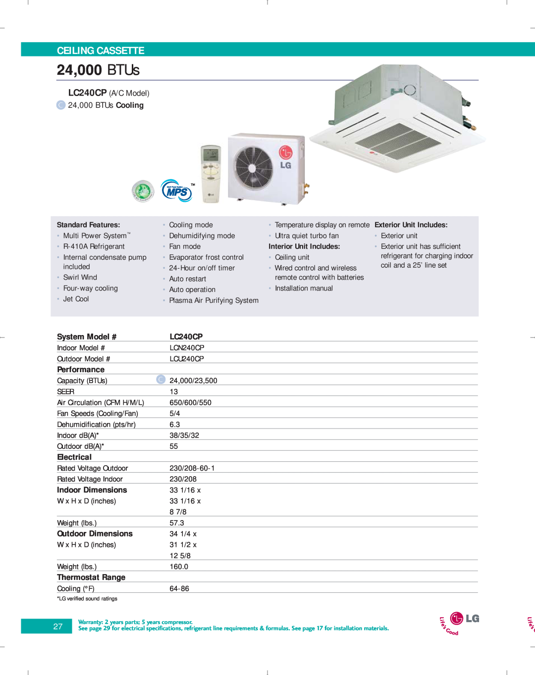 LG Electronics PG-100-2006-VER3 manual Ceiling Cassette, LC240CP, 24,000 BTUs, System Model #, Performance, Electrical 