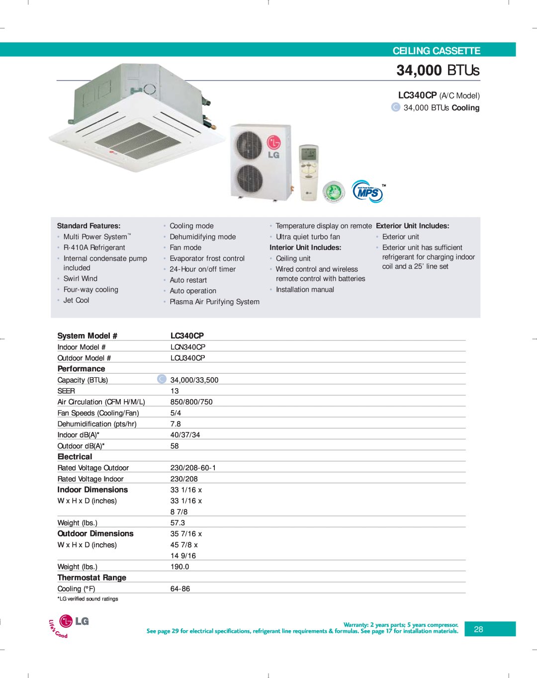 LG Electronics PG-100-2006-VER3 manual 34,000 BTUs, LC340CP, Ceiling Cassette, System Model #, Performance, Electrical 