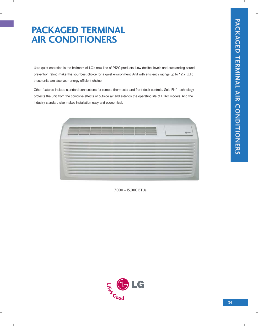 LG Electronics PG-100-2006-VER3 manual Packaged Terminal Air Conditioners, 7,000 -15,000 BTUs 