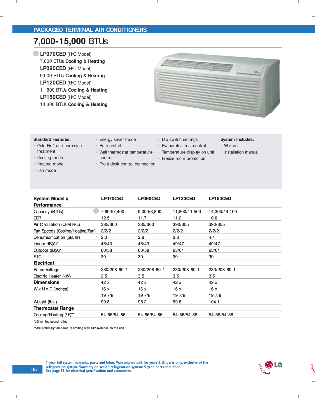 LG Electronics PG-100-2006-VER3 manual 7,000-15,000 BTUs, Packaged Terminal Air Conditioners, 7,600 BTUs Cooling & Heating 