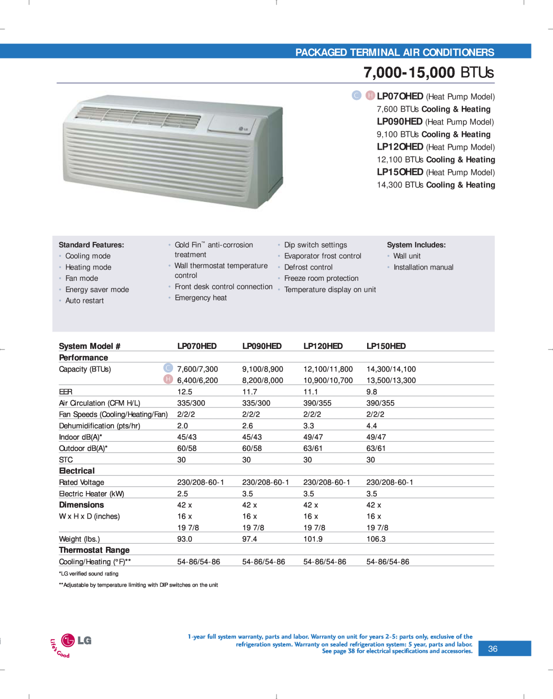 LG Electronics PG-100-2006-VER3 9,100 BTUs Cooling & Heating, 12,100 BTUs Cooling & Heating, LP070HED, LP120HED, LP150HED 