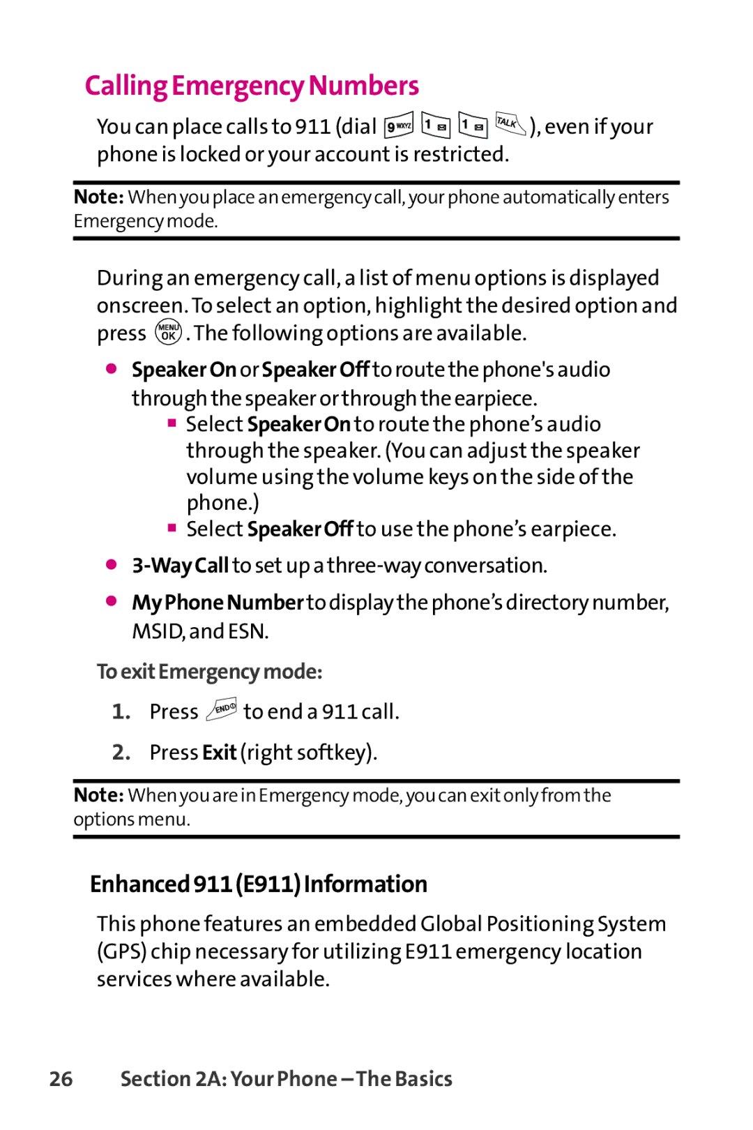 LG Electronics PHONE 150 manual Calling Emergency Numbers, Enhanced911E911Information, ToexitEmergencymode 