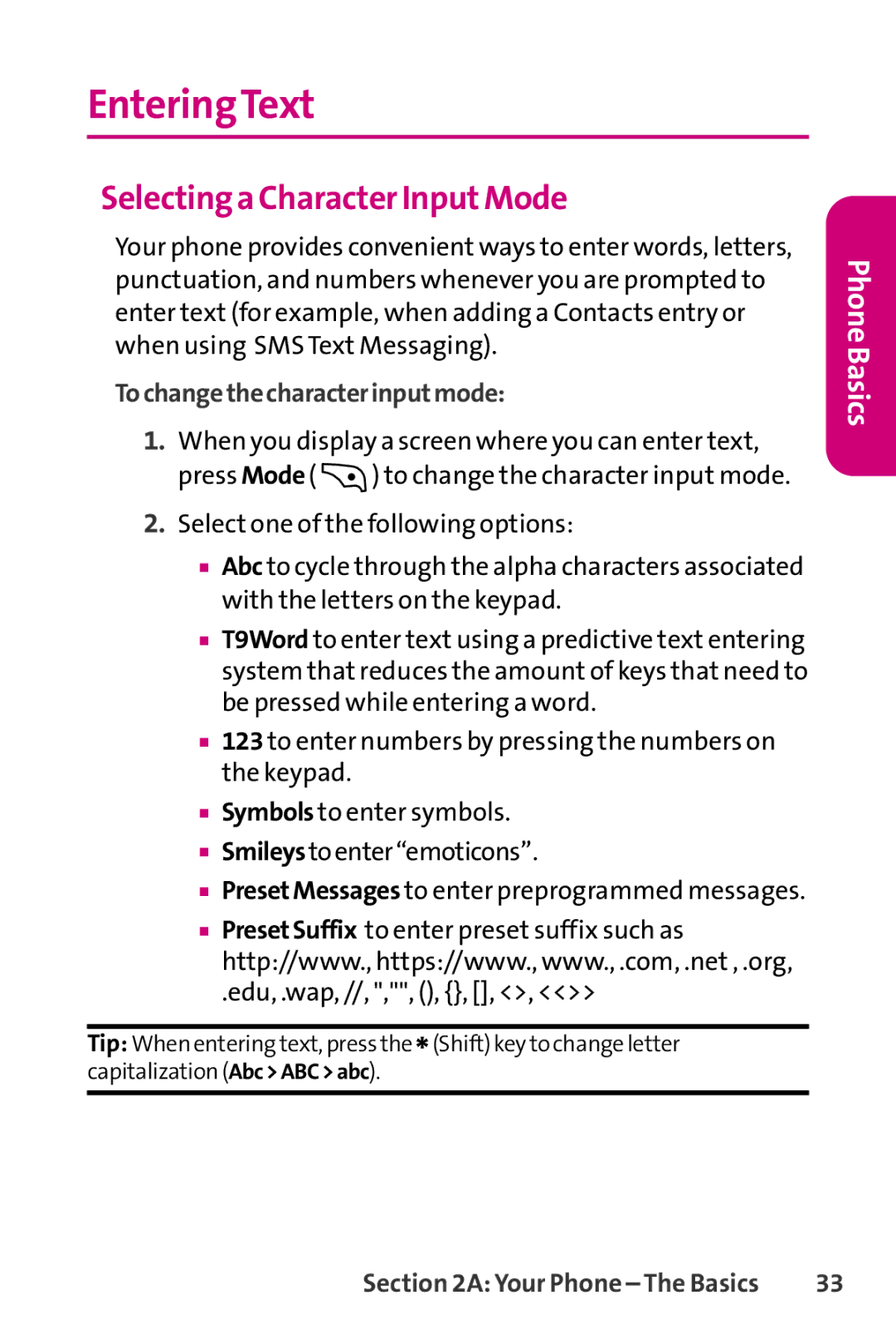 LG Electronics PHONE 150 manual EnteringText, Selectinga Character InputMode, Tochangethecharacterinputmode 