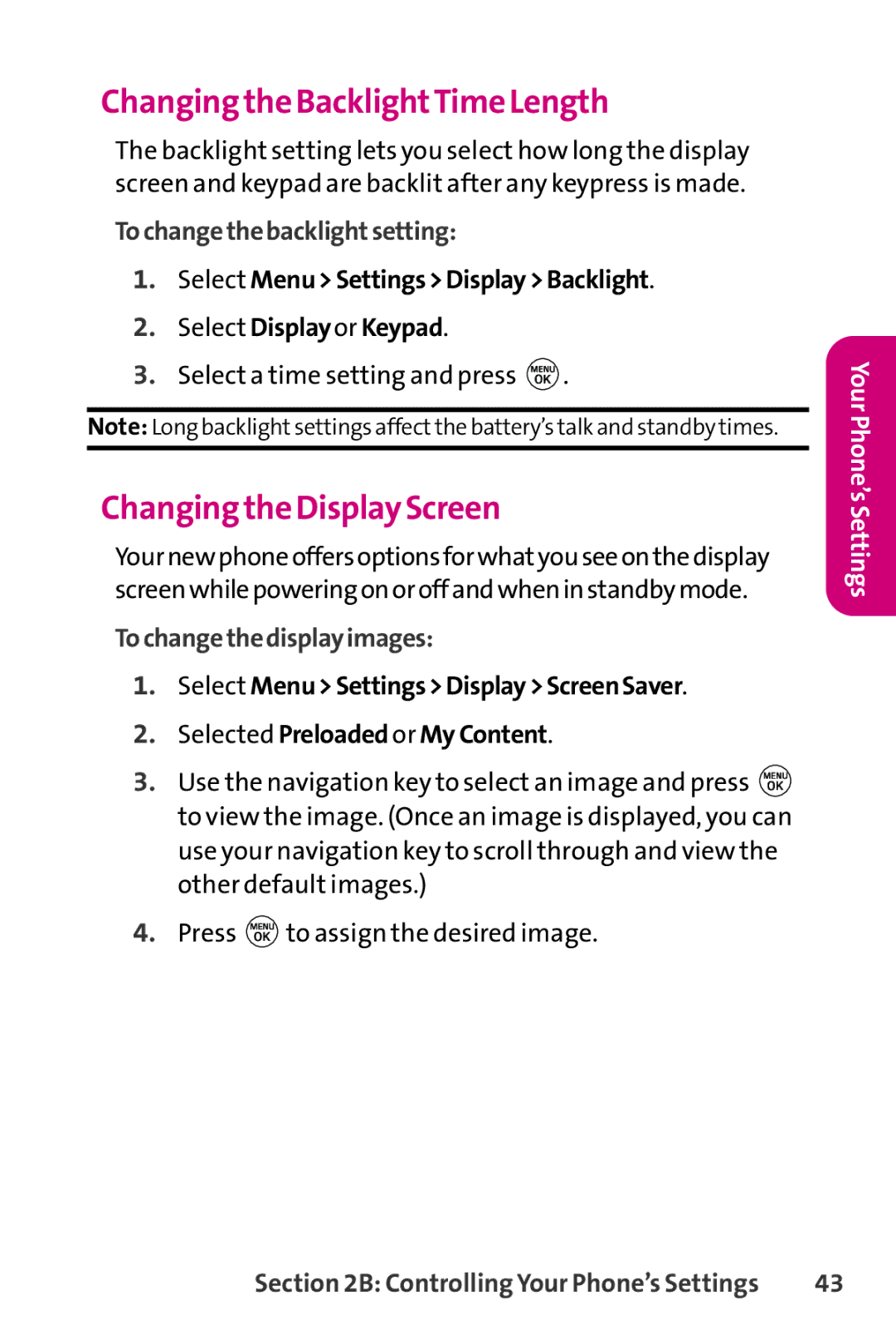 LG Electronics PHONE 150 manual Changing the BacklightTime Length, Changing the Display Screen, Tochangethebacklightsetting 