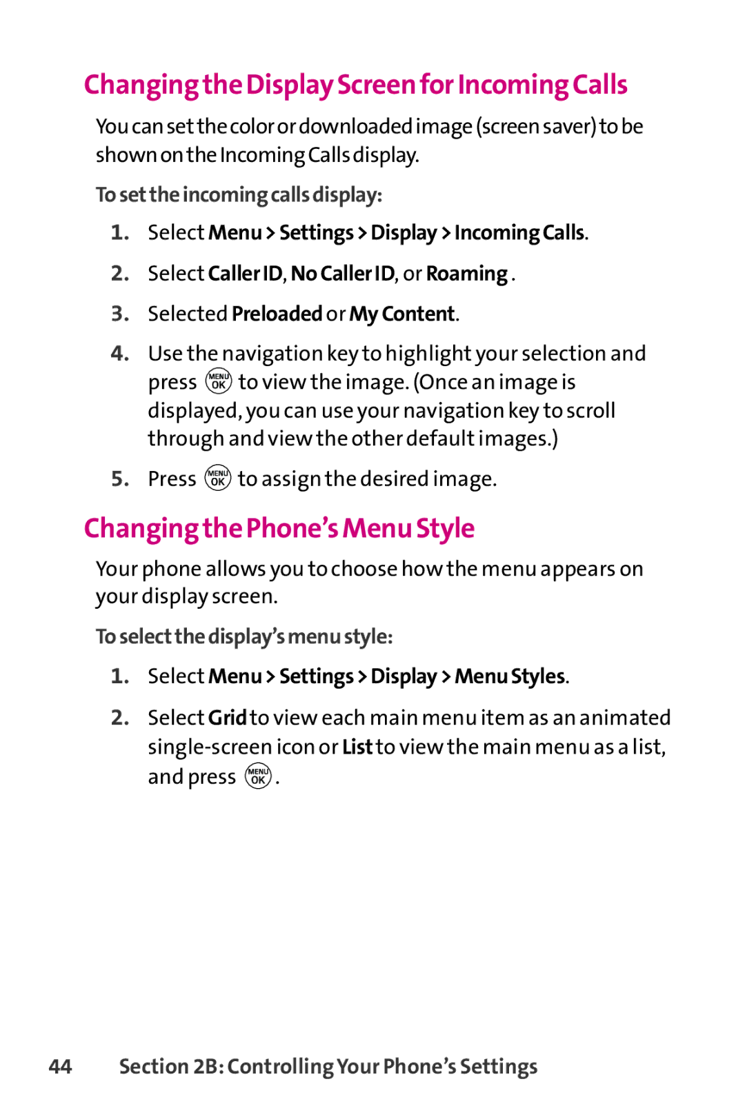 LG Electronics PHONE 150 manual Changing the Display Screen for Incoming Calls, Changing the Phone’s Menu Style 