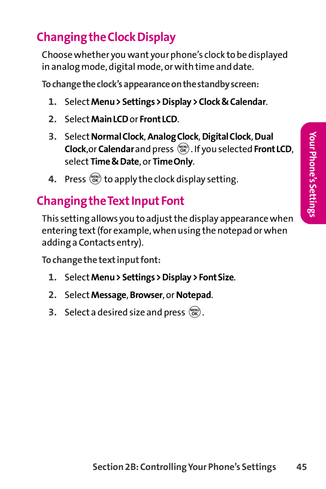 LG Electronics PHONE 150 manual Changing the Clock Display, Changing theTextInputFont, To change the text input font 