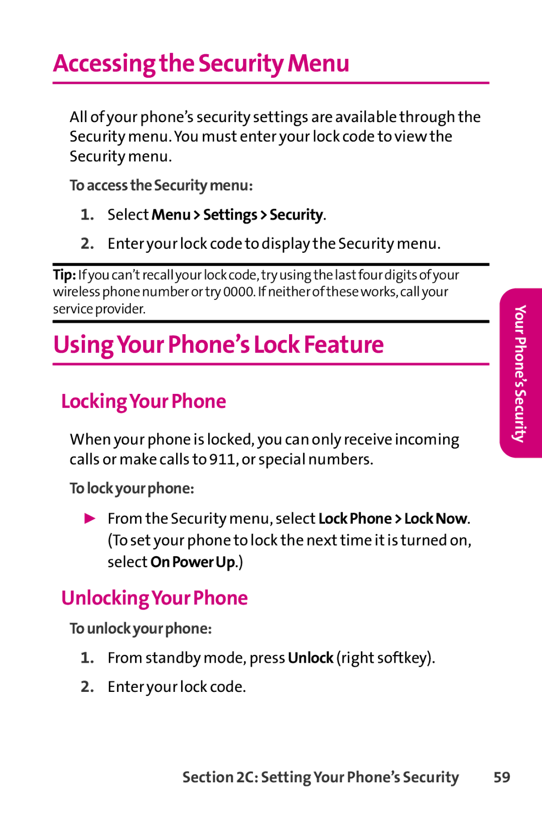 LG Electronics PHONE 150 manual Accessing the Security Menu, UsingYour Phone’s Lock Feature, LockingYour Phone 