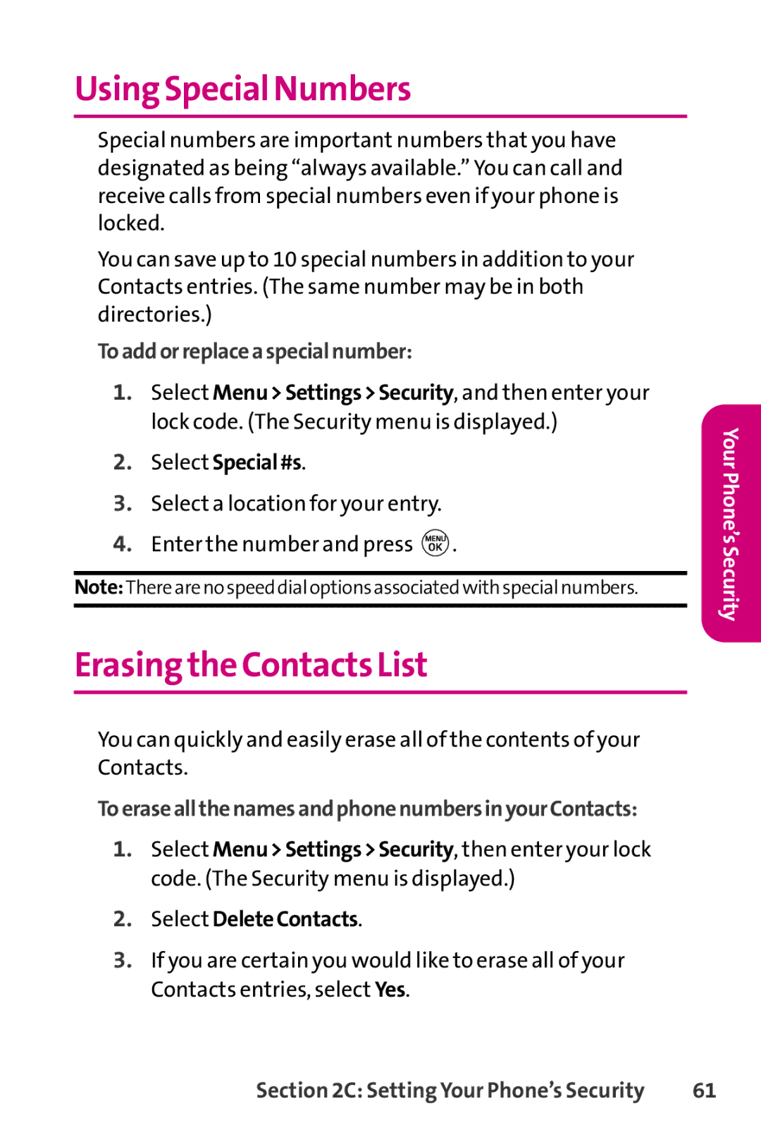 LG Electronics PHONE 150 manual Using Special Numbers, Erasingthe Contacts List, Toaddorreplaceaspecialnumber 