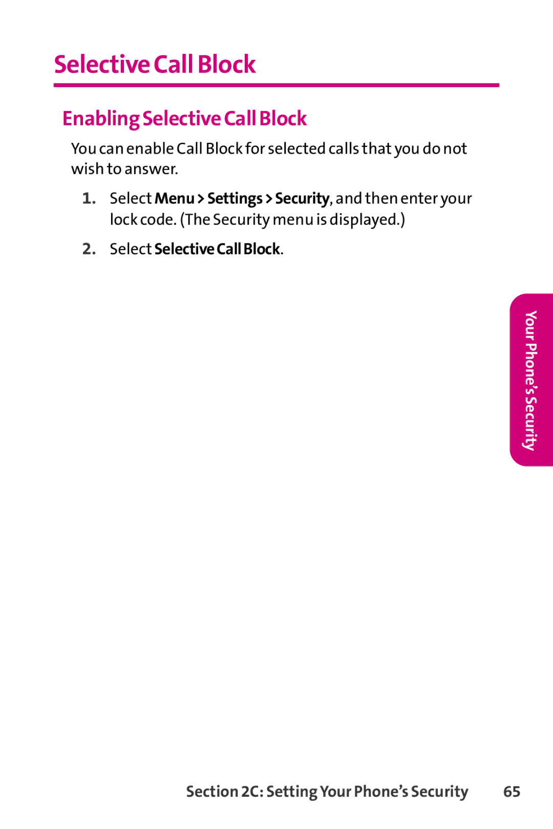 LG Electronics PHONE 150 manual Enabling Selective Call Block, Select SelectiveCallBlock 