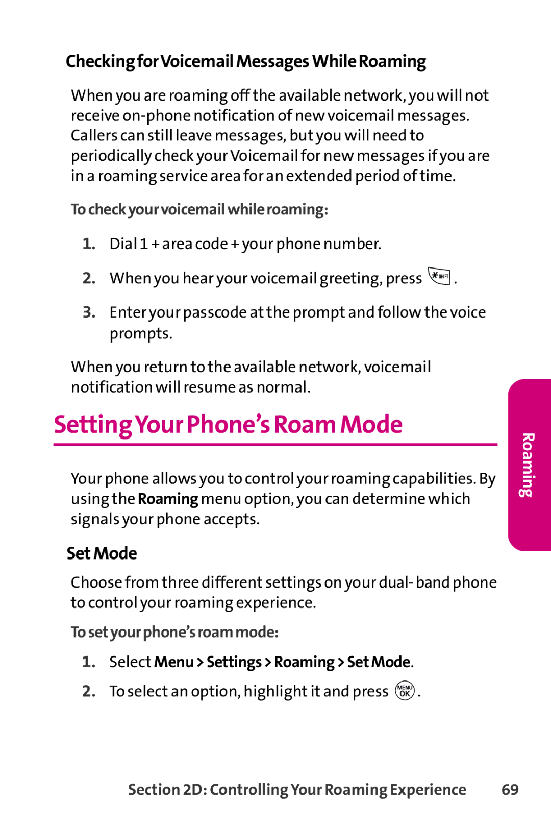 LG Electronics PHONE 150 manual SettingYour Phone’s Roam Mode, CheckingforVoicemailMessagesWhileRoaming, SetMode 