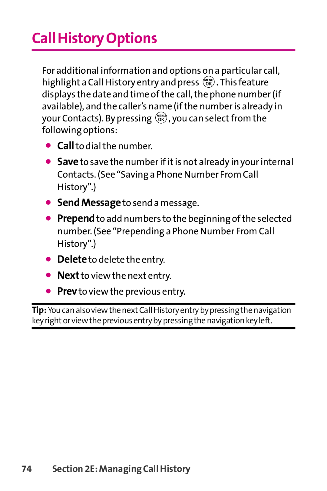 LG Electronics PHONE 150 manual Call History Options 