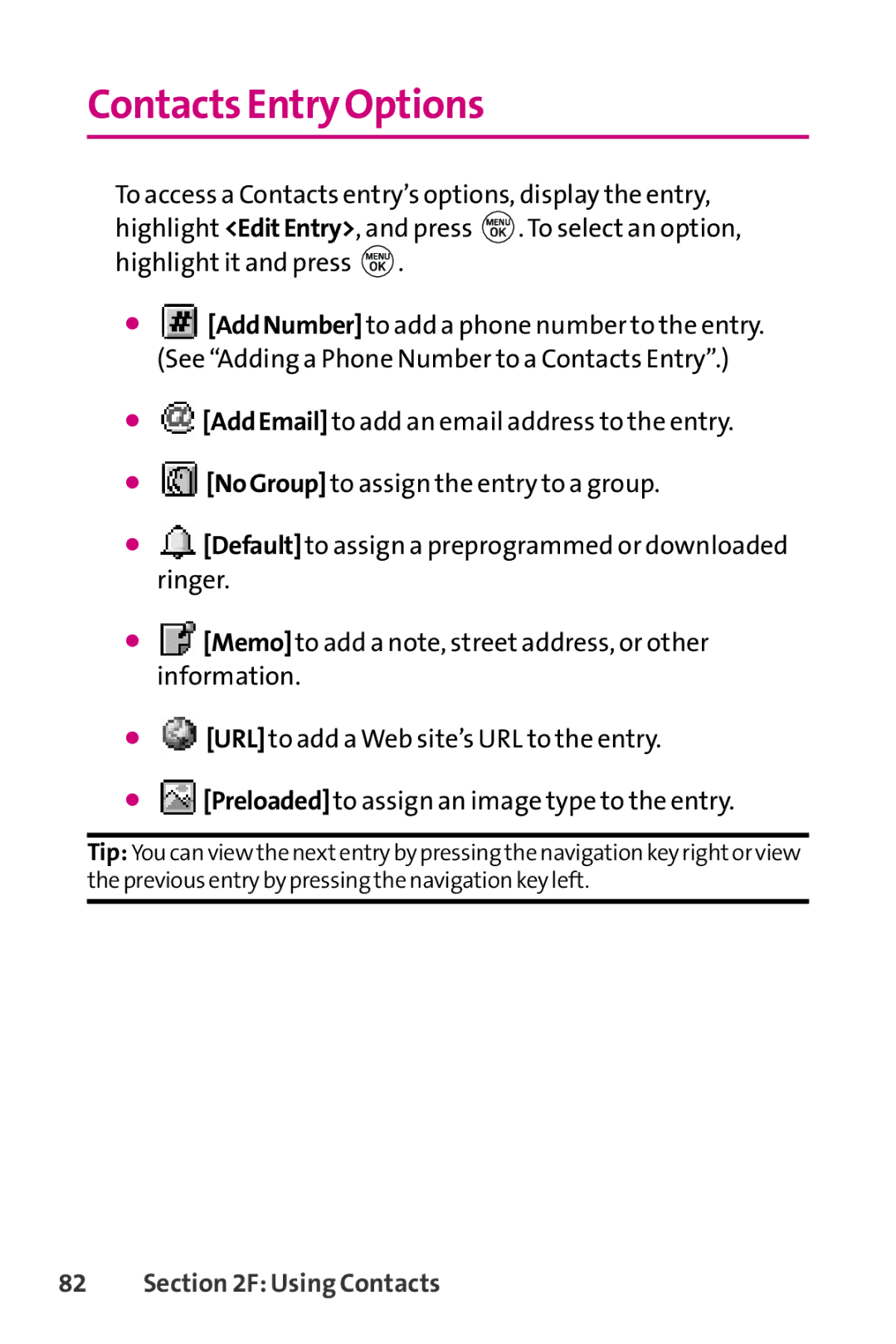 LG Electronics PHONE 150 manual Contacts Entry Options 