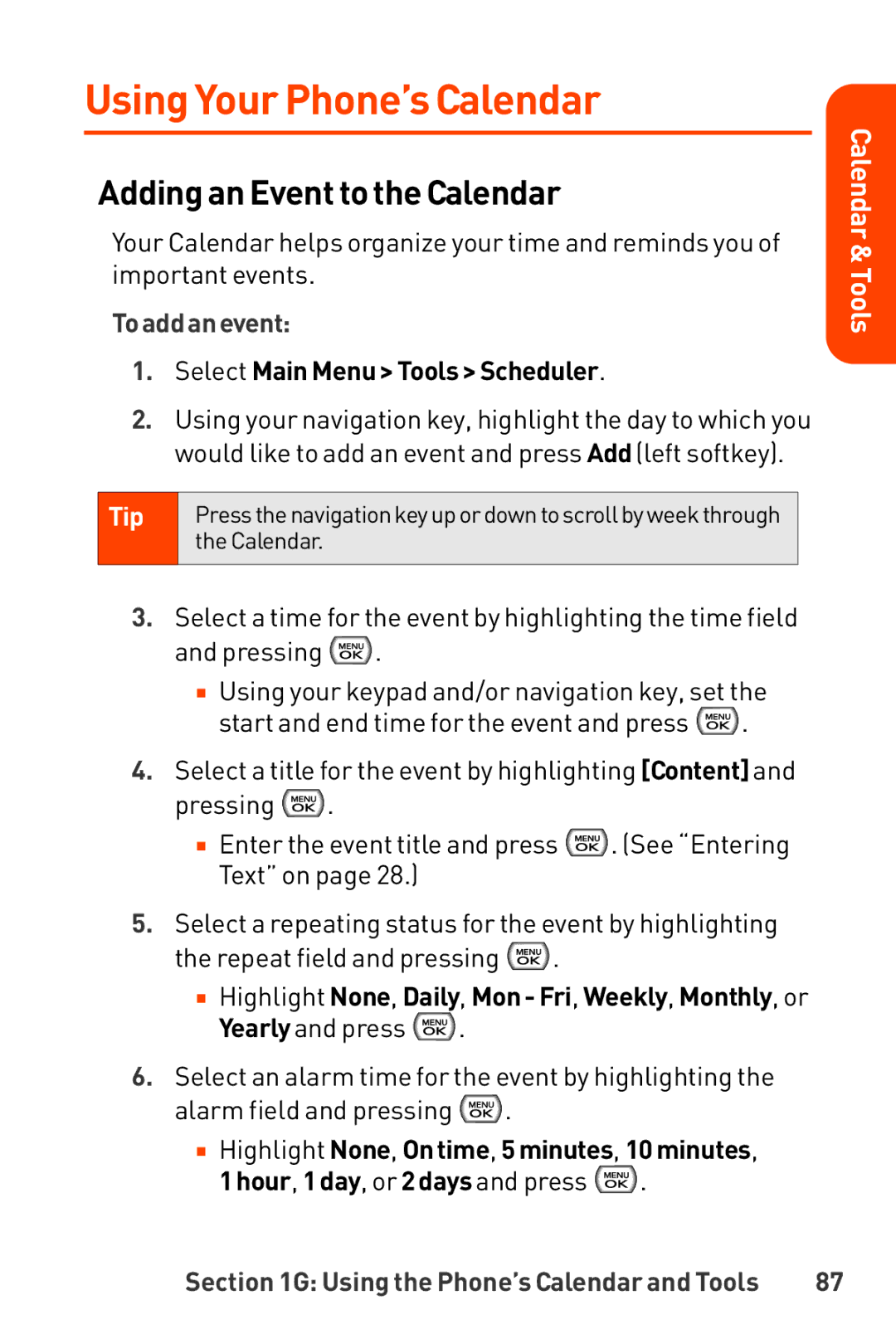 LG Electronics manual Using Your Phone’s Calendar, Adding an Eventto the Calendar, Toaddan event 