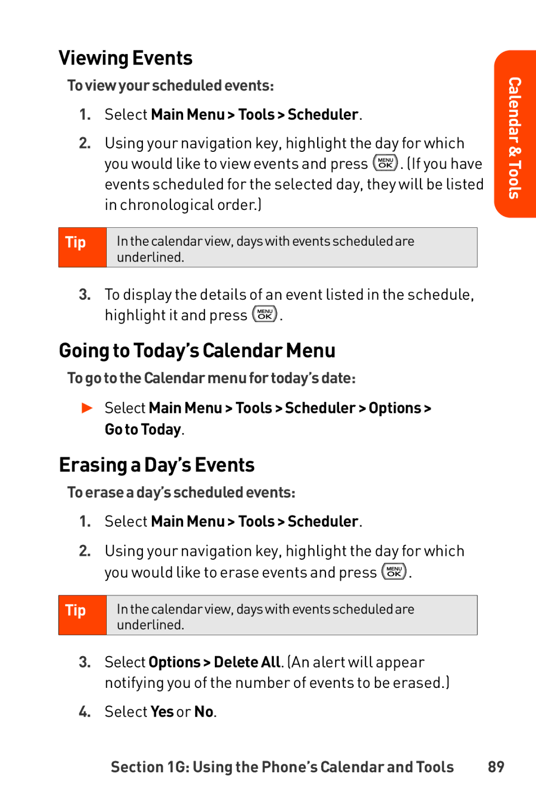 LG Electronics Phone manual Viewing Events, Going to Today’s Calendar Menu, Erasing a Day’s Events 