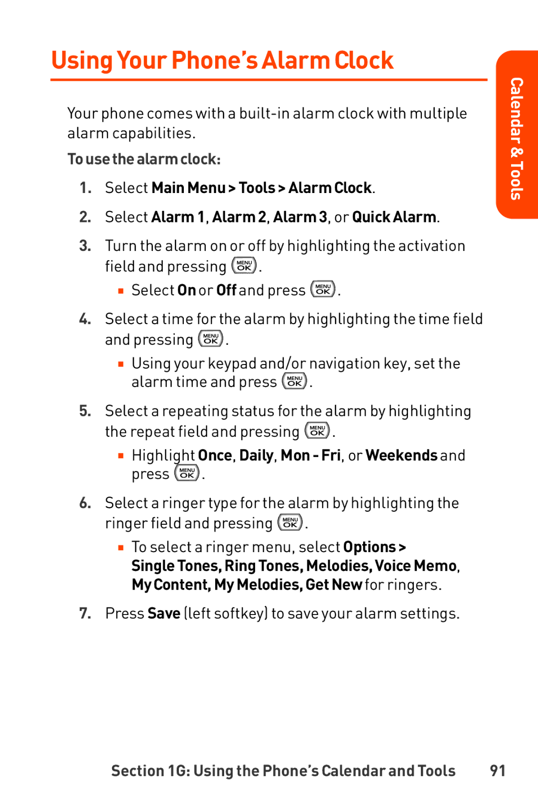 LG Electronics manual Using Your Phone’s Alarm Clock, Tousethealarmclock 