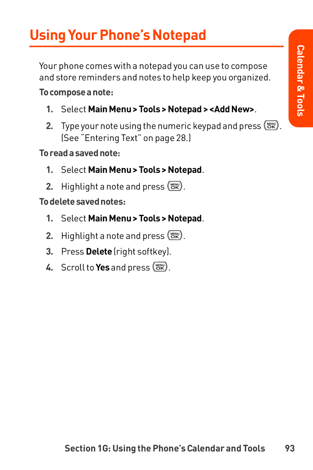 LG Electronics manual Using Your Phone’s Notepad, Tocomposeanote, Toreadasavednote, Todeletesavednotes 