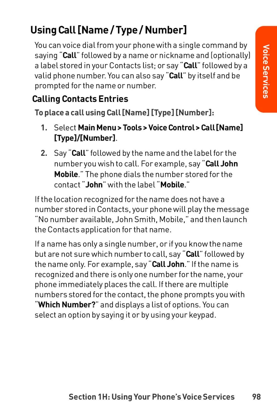 LG Electronics Phone manual Using Call Name / Type / Number, Calling Contacts Entries 