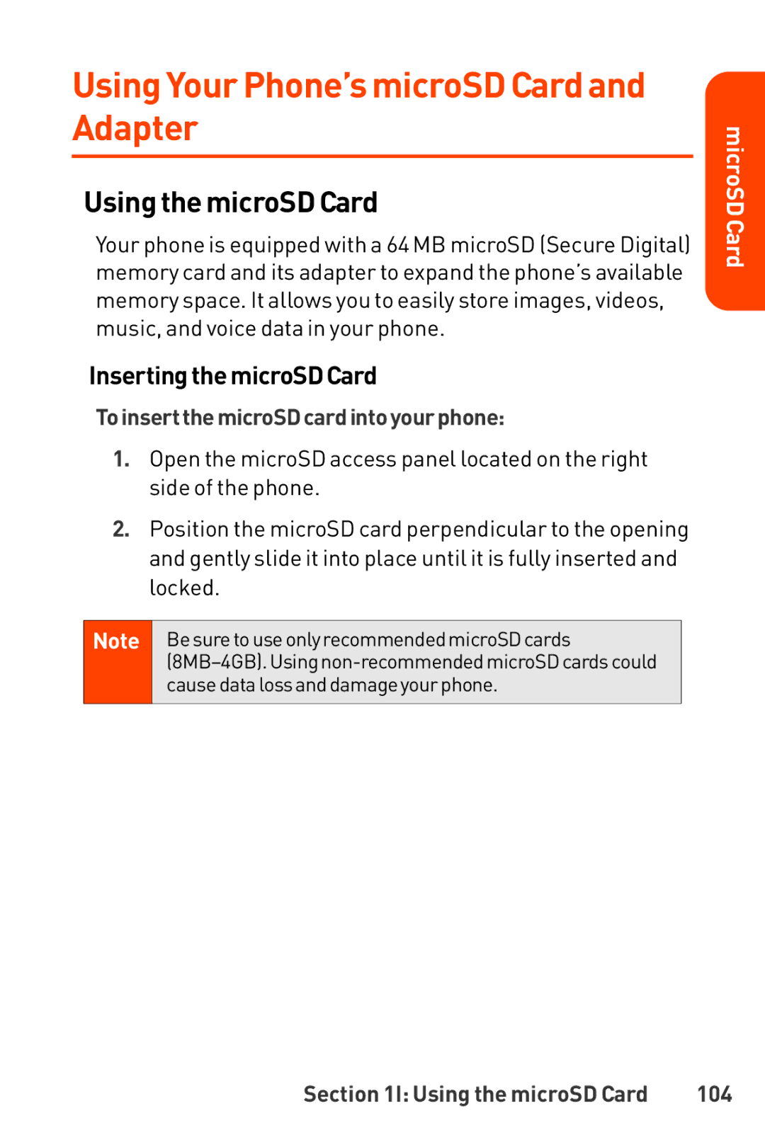 LG Electronics manual Using Your Phone’s microSD Card and Adapter, Using the microSD Card, InsertingthemicroSDCard, 104 