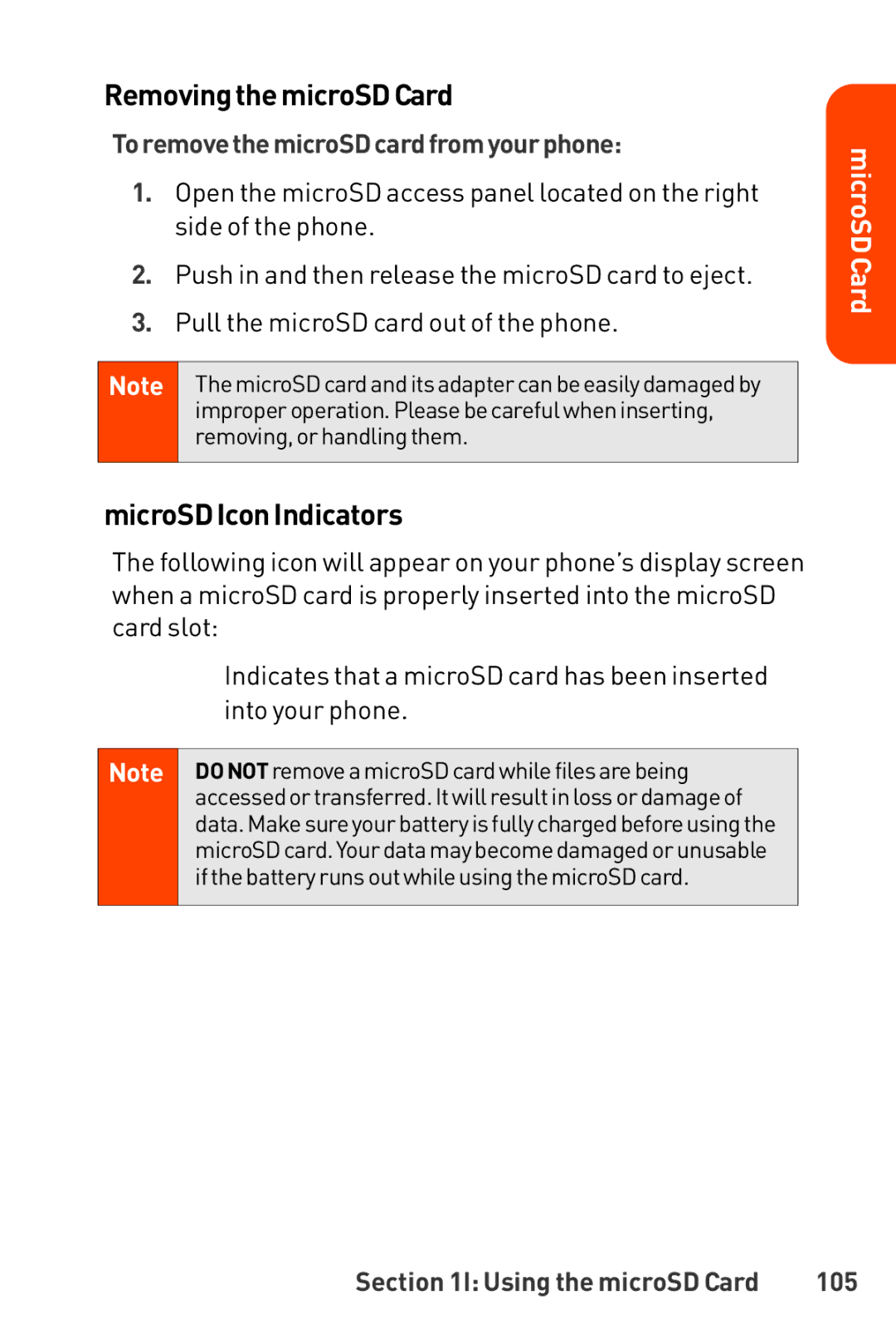 LG Electronics Phone manual RemovingthemicroSDCard, MicroSDIconIndicators, ToremovethemicroSDcardfromyourphone, 105 