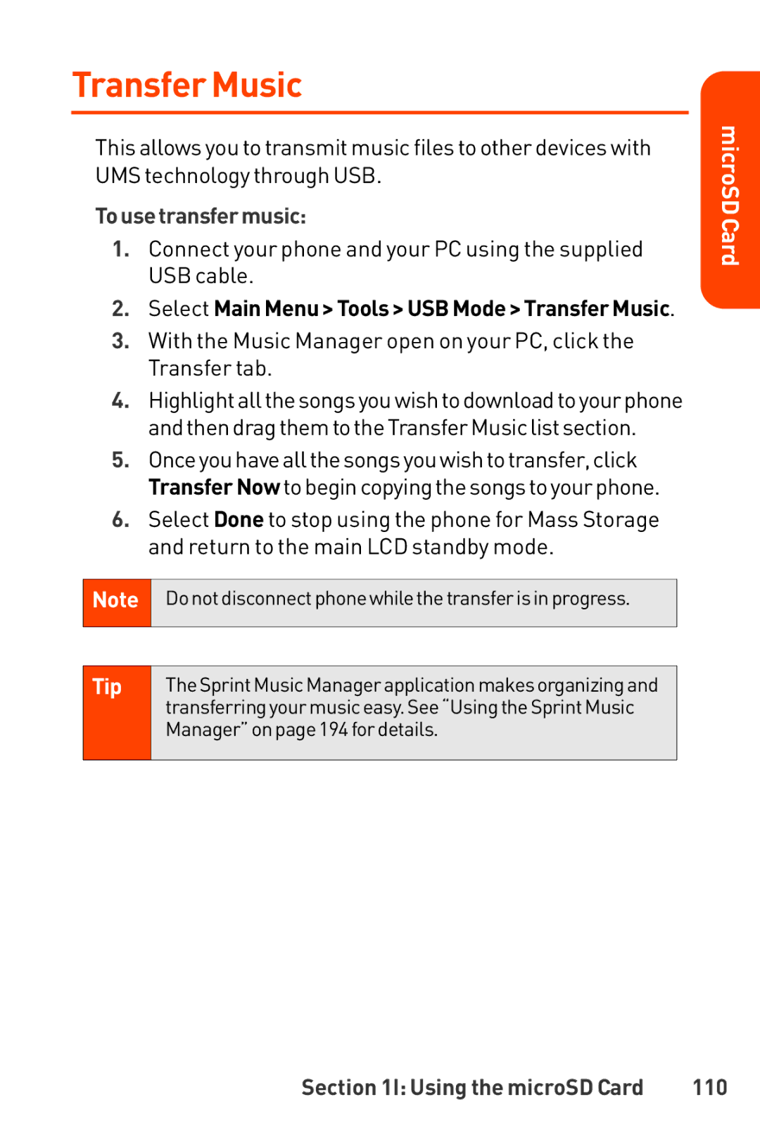 LG Electronics Phone manual Transfer Music, Tousetransfermusic, 110 