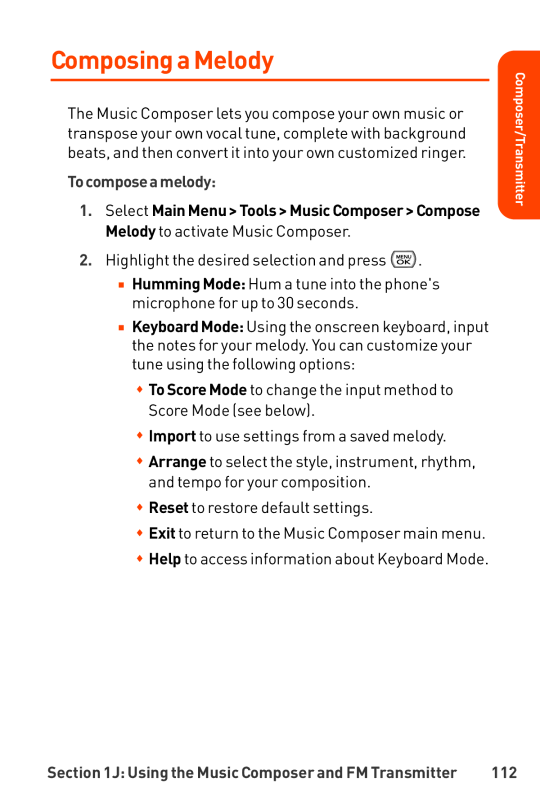 LG Electronics Phone manual Composinga Melody, Tocompose a melody, 112 