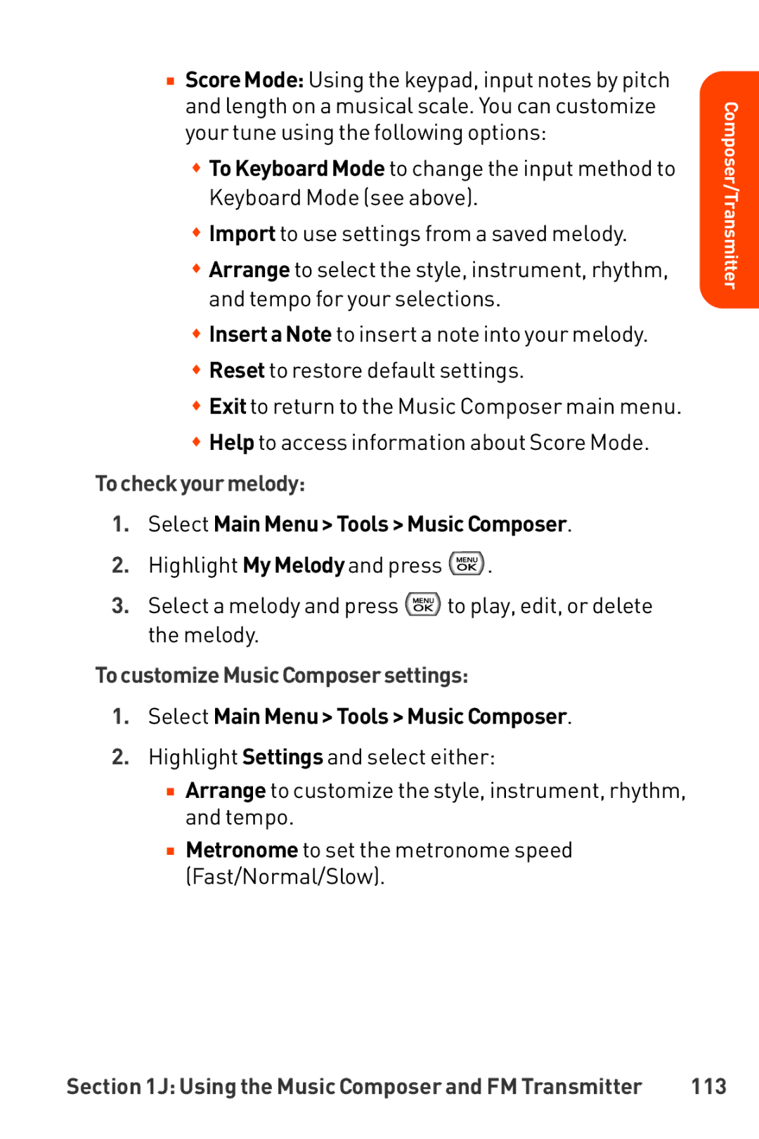 LG Electronics Phone manual Tocheckyourmelody, Select Main Menu Tools Music Composer, TocustomizeMusicComposersettings, 113 