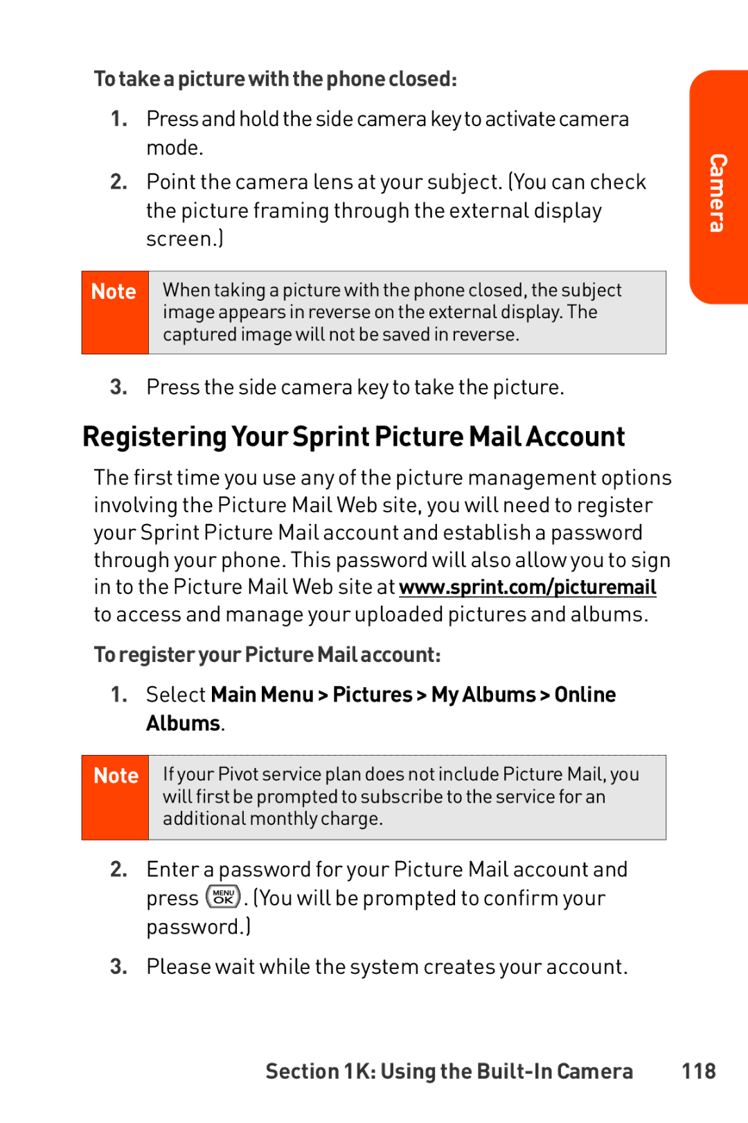 LG Electronics Phone manual RegisteringYour Sprint Picture Mail Account, Totakeapicturewith thephoneclosed, 118 